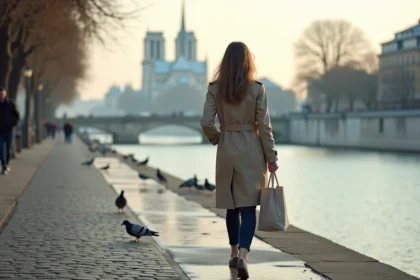 Femme se promenant seule au bord de la Seine à Paris au lever du jour, quais déserts et Notre-Dame en arrière-plan dans la brume matinale