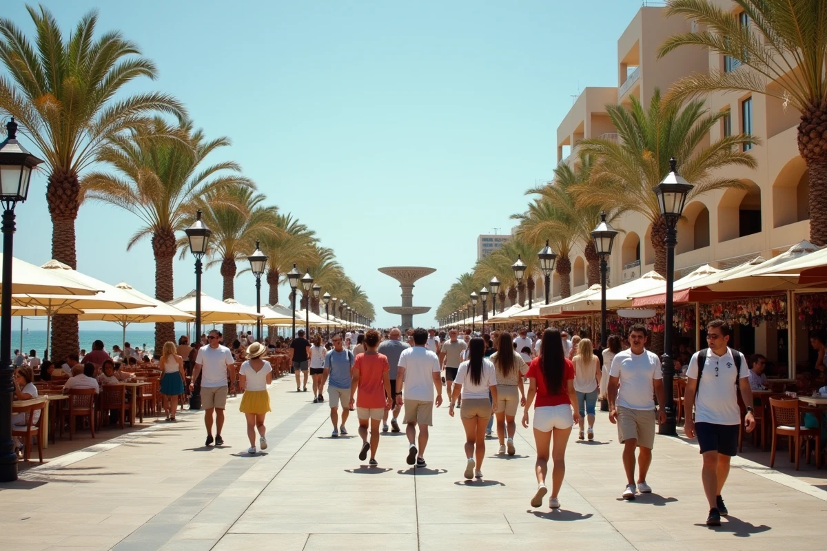 Promenade touristique animée en bord de mer en Tunisie avec terrasses de café et vacanciers se promenant sous les palmiers