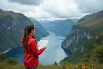 Jeune femme en randonnée avec vue sur Geirangerfjord