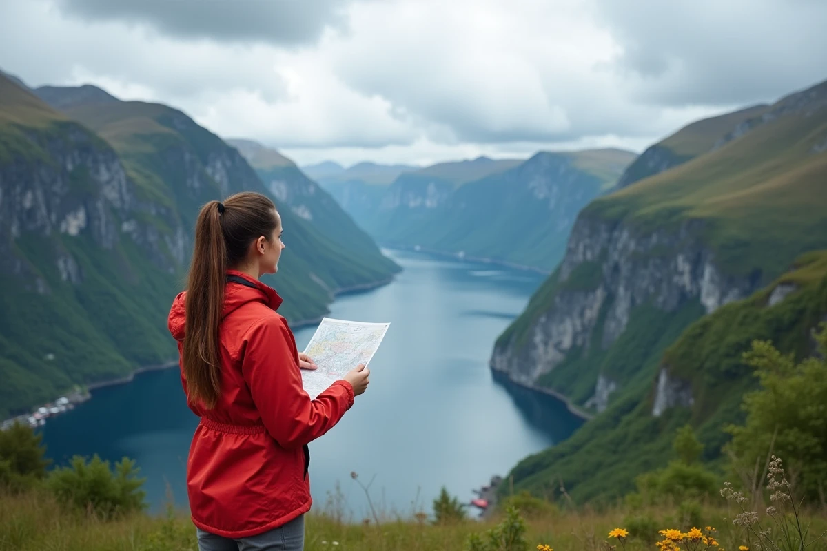 Jeune femme en randonnée avec vue sur Geirangerfjord