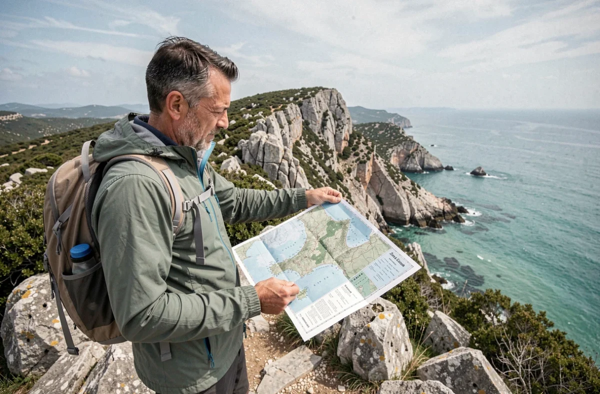 Randonneur avec une carte topographique du nord de la Corse face au littoral du Cap Corse