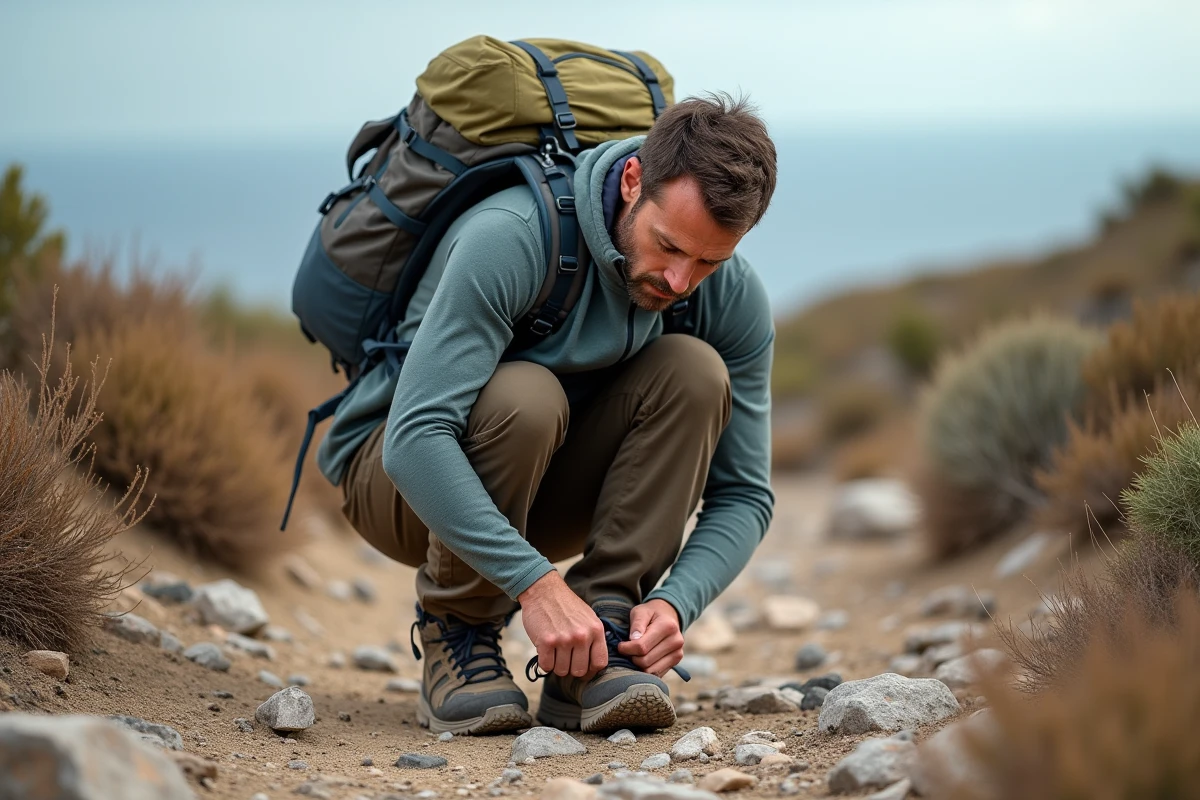 Randonneur ajustant ses chaussures de trekking avant le départ sur le sentier de Capu di Muru
