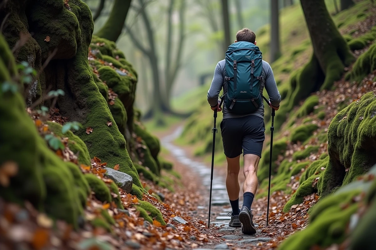 Randonneur masculin gravissant un sentier pentu en forêt de châtaigniers en Ardèche avec bâtons de randonnée