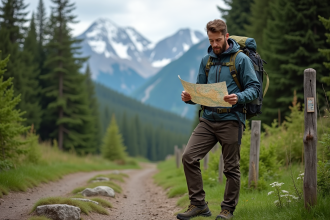 Homme en veste de randonnée étudie une carte en forêt