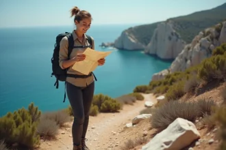 Randonneuse consultant une carte topographique sur le sentier côtier de Capu di Muru en Corse