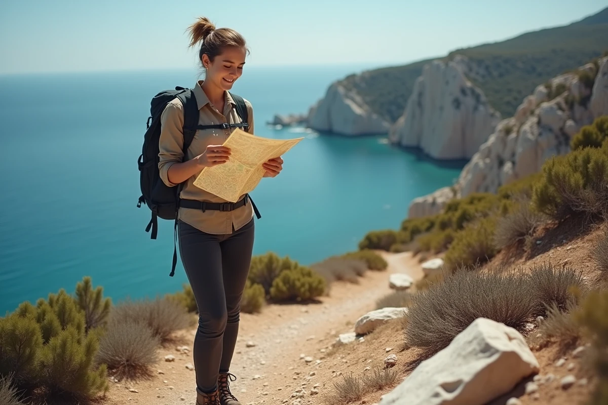 Randonneuse consultant une carte topographique sur le sentier côtier de Capu di Muru en Corse