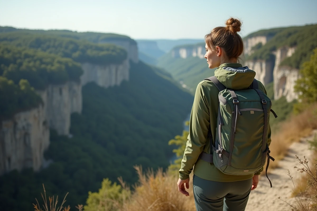 Randonneuse en Ardèche contemplant les gorges depuis un sentier rocheux avec vue panoramique sur les falaises calcaires