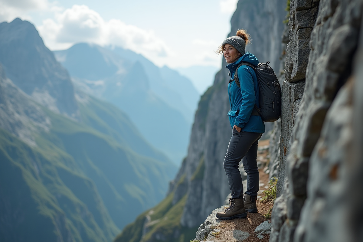Femme randonneuse regardant depuis une falaise escarpée