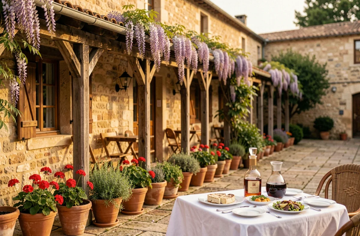 Cour intérieure du Relais de la Poste à Magescq avec galerie en bois, glycines et table dressée pour un repas gastronomique landais