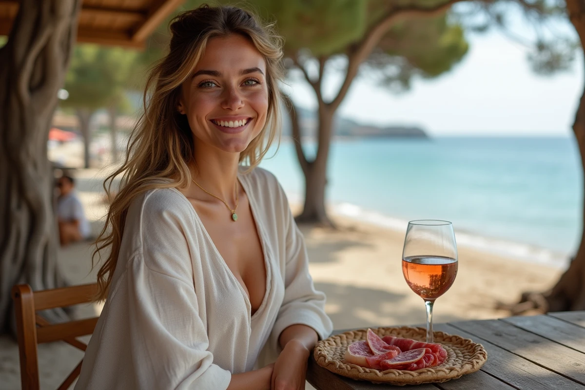 Femme dégustant un verre de rosé corse en terrasse d'un restaurant de plage à Palombaggia