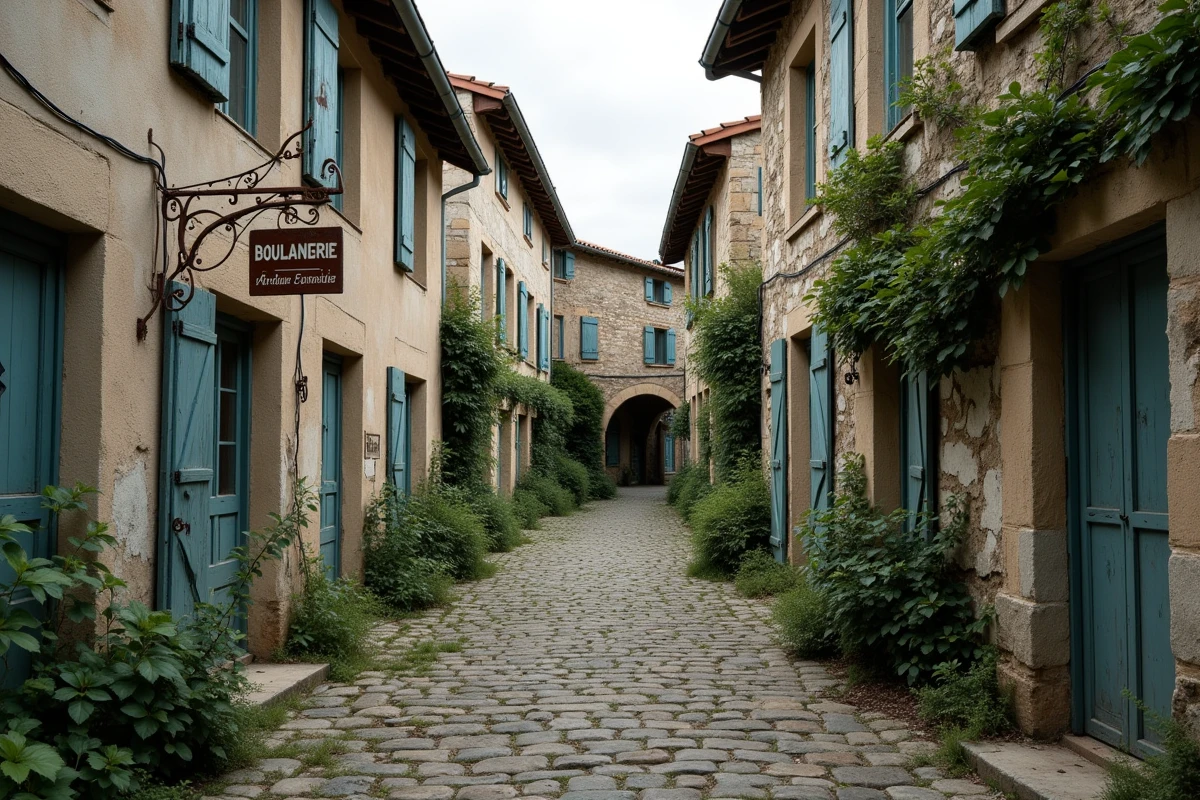 Rue pavée déserte d'un village abandonné en France envahie par la végétation