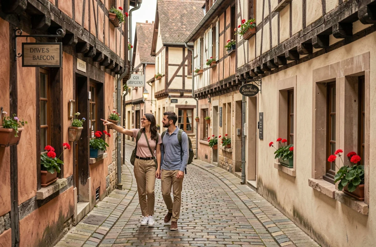Ruelle médiévale pavée du centre historique de Dijon avec maisons à colombages et couple de touristes en promenade