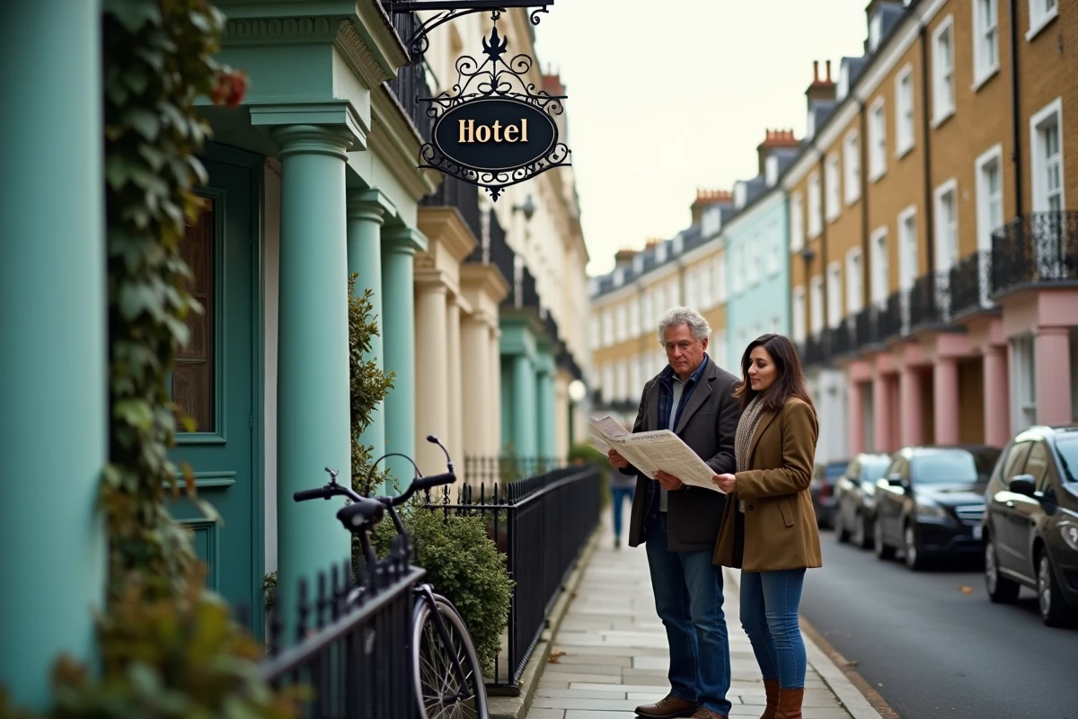 Ruelle pittoresque de Notting Hill avec façades colorées et petit hôtel de charme, couple de voyageurs consultant une carte dans une rue tranquille de Londres