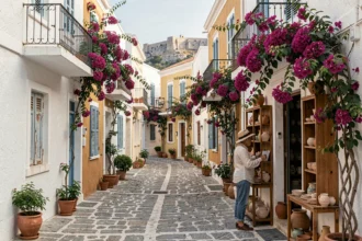 Ruelle pavée du quartier Plaka à Athènes avec bougainvillées et boutiques d'artisanat locales