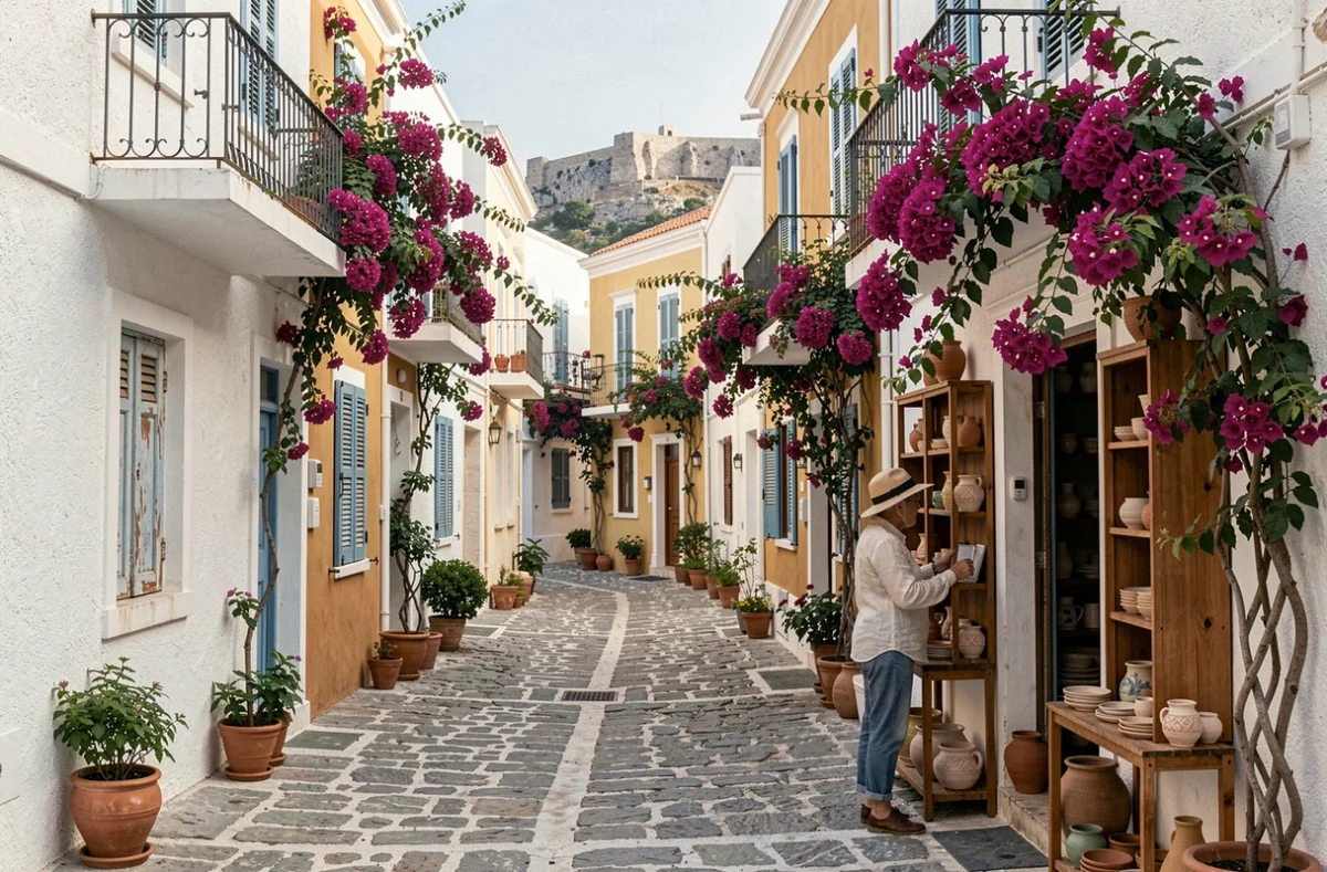 Ruelle pavée du quartier Plaka à Athènes avec bougainvillées et boutiques d'artisanat locales