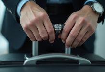 Mains manipulant un cadenas de valise en plein jour