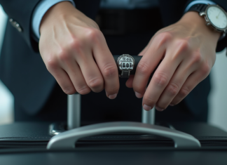 Mains manipulant un cadenas de valise en plein jour