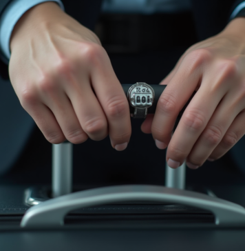 Mains manipulant un cadenas de valise en plein jour