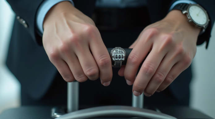 Mains manipulant un cadenas de valise en plein jour