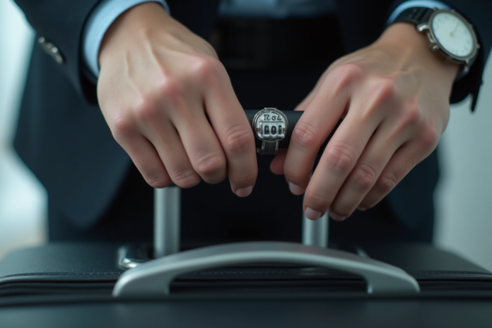 sac-a-dos-avec-cadenas Mains manipulant un cadenas de valise en plein jour