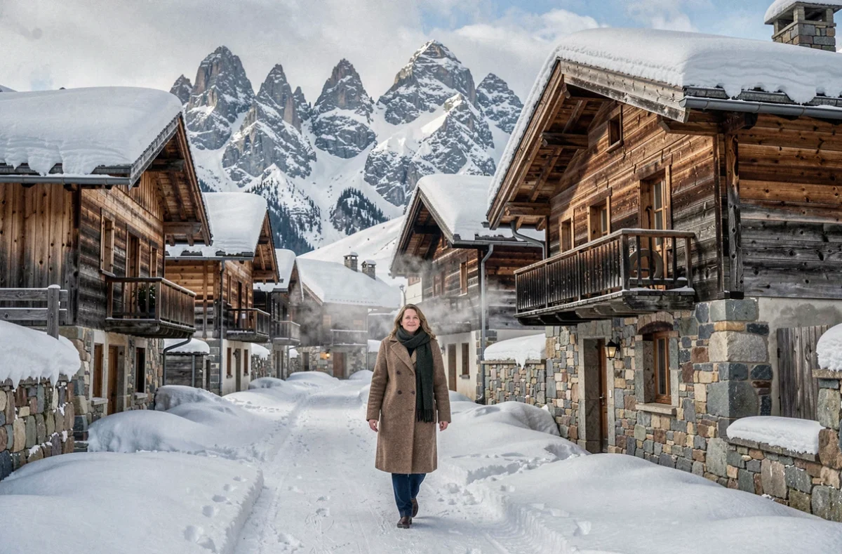 Village alpin de Saint-Véran sous la neige avec ses chalets en bois traditionnel et ses sommets enneigés du Queyras