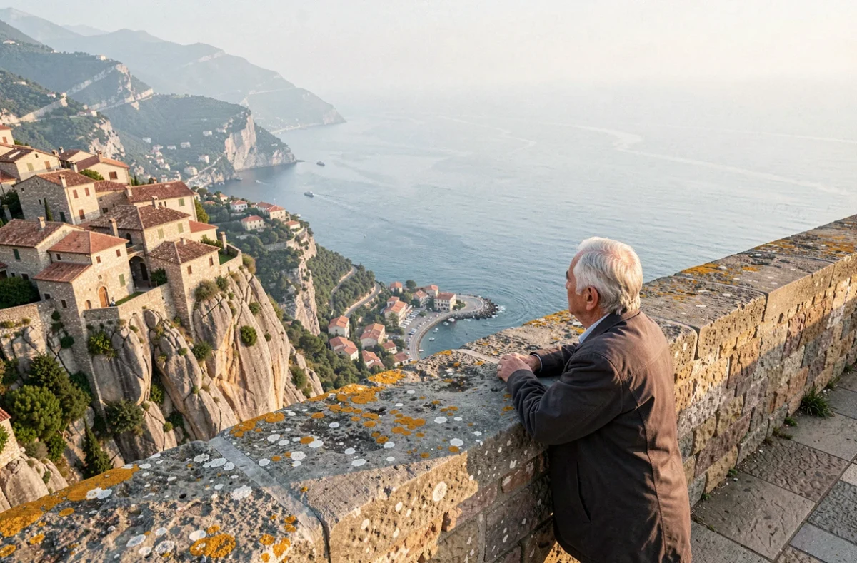 Village médiéval de Sainte-Agnès accroché à son rocher avec vue panoramique sur la mer Méditerranée et Menton