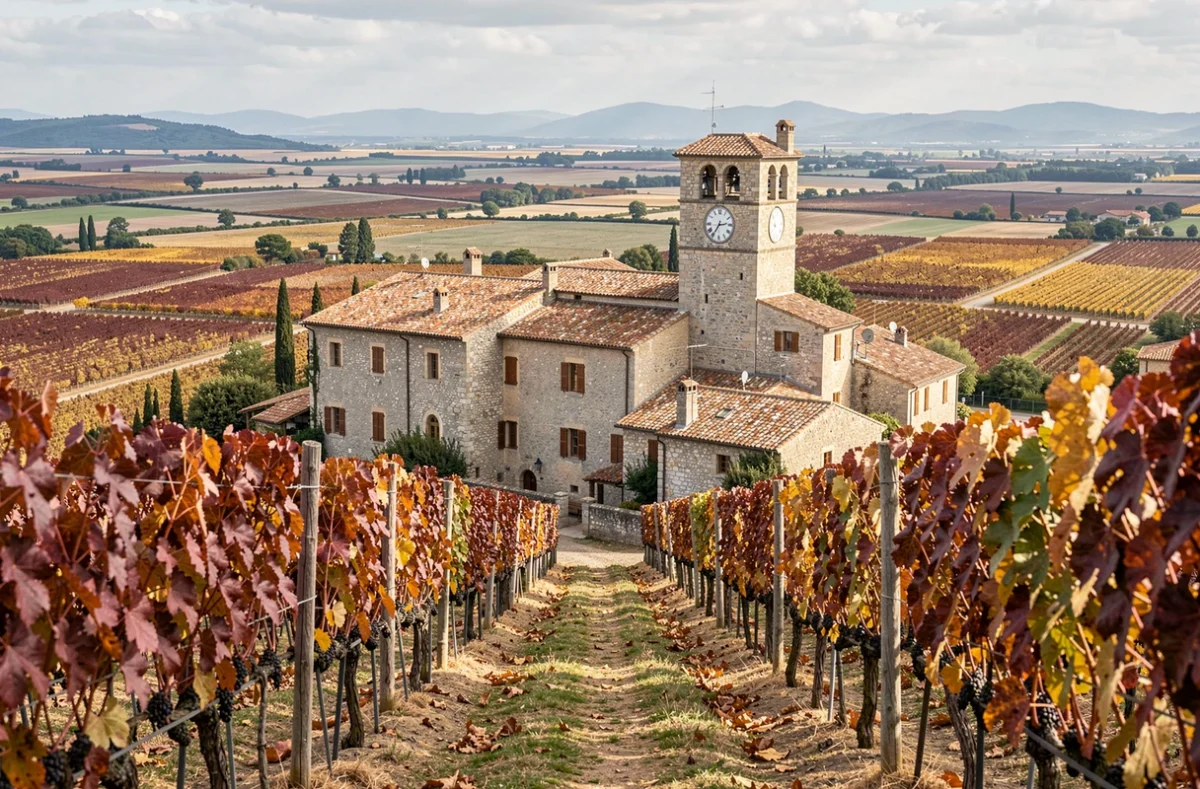 Village de Séguret perché au-dessus des vignes des Côtes du Rhône avec son clocher roman en automne