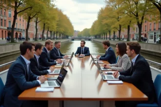 Séminaire d'entreprise sur une péniche à Toulouse le long du Canal du Midi avec équipe professionnelle autour d'une table de réunion sur le pont