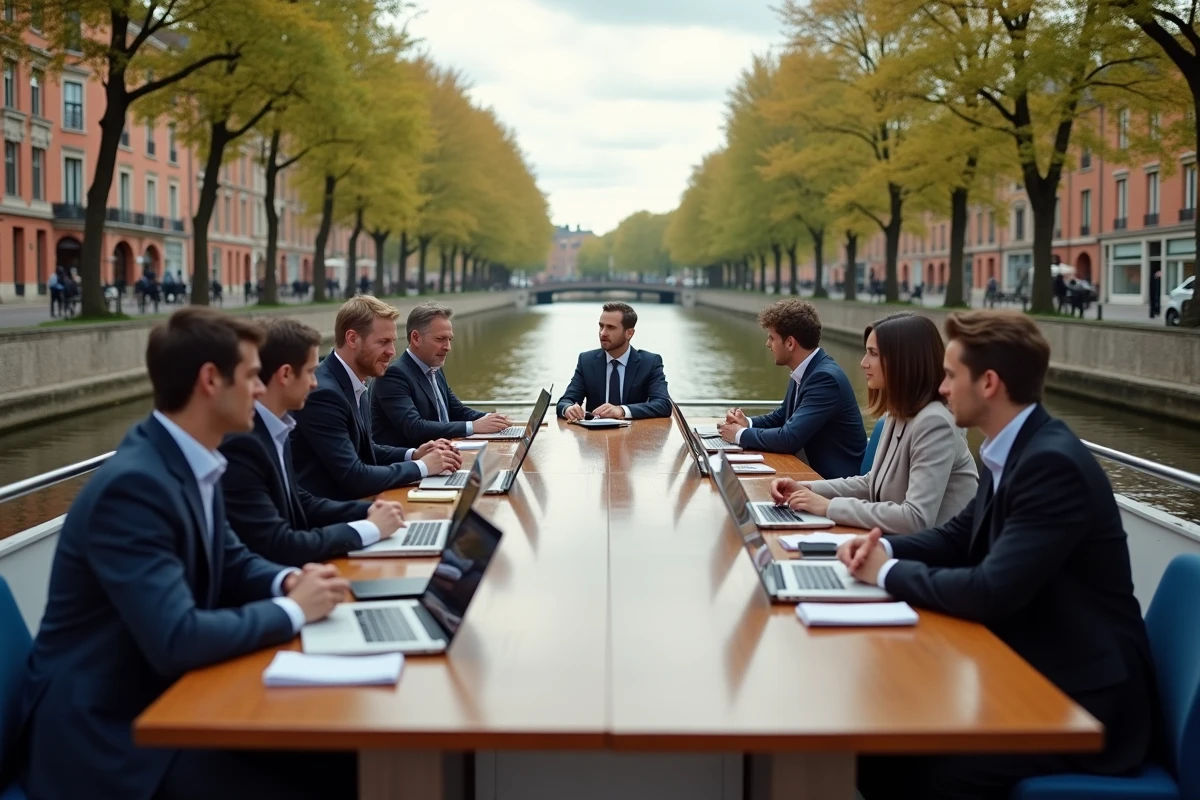 Séminaire d'entreprise sur une péniche à Toulouse le long du Canal du Midi avec équipe professionnelle autour d'une table de réunion sur le pont