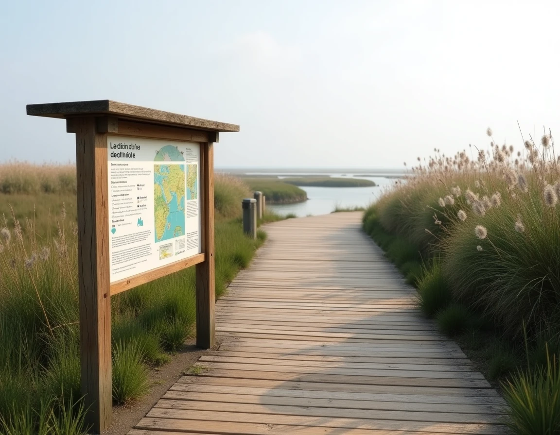 Nouveau sentier en bois et panneau d'information écologique à l'entrée de la plage des marais de Pennedepie en 2026