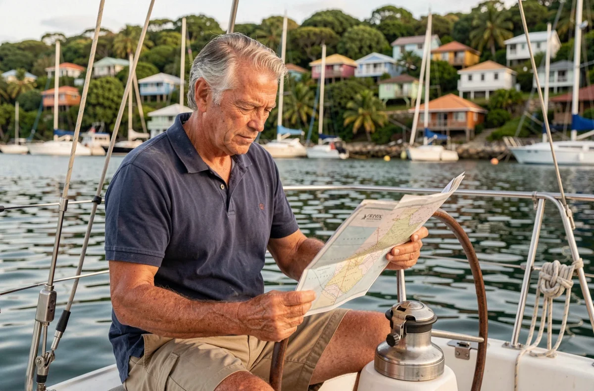Skipper étudiant une carte nautique à bord d'un voilier ancré dans une baie des Grenadines