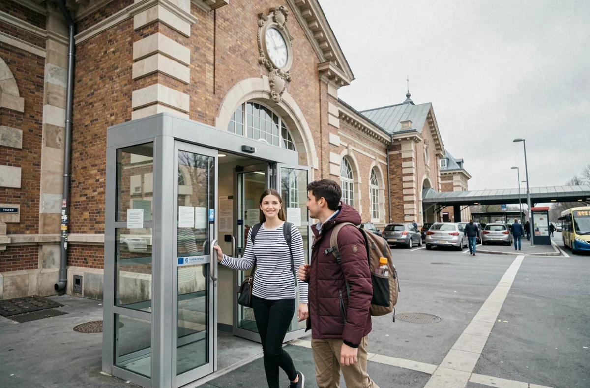 Couple de voyageurs sortant de la gare Lille Flandres vers le parvis extérieur