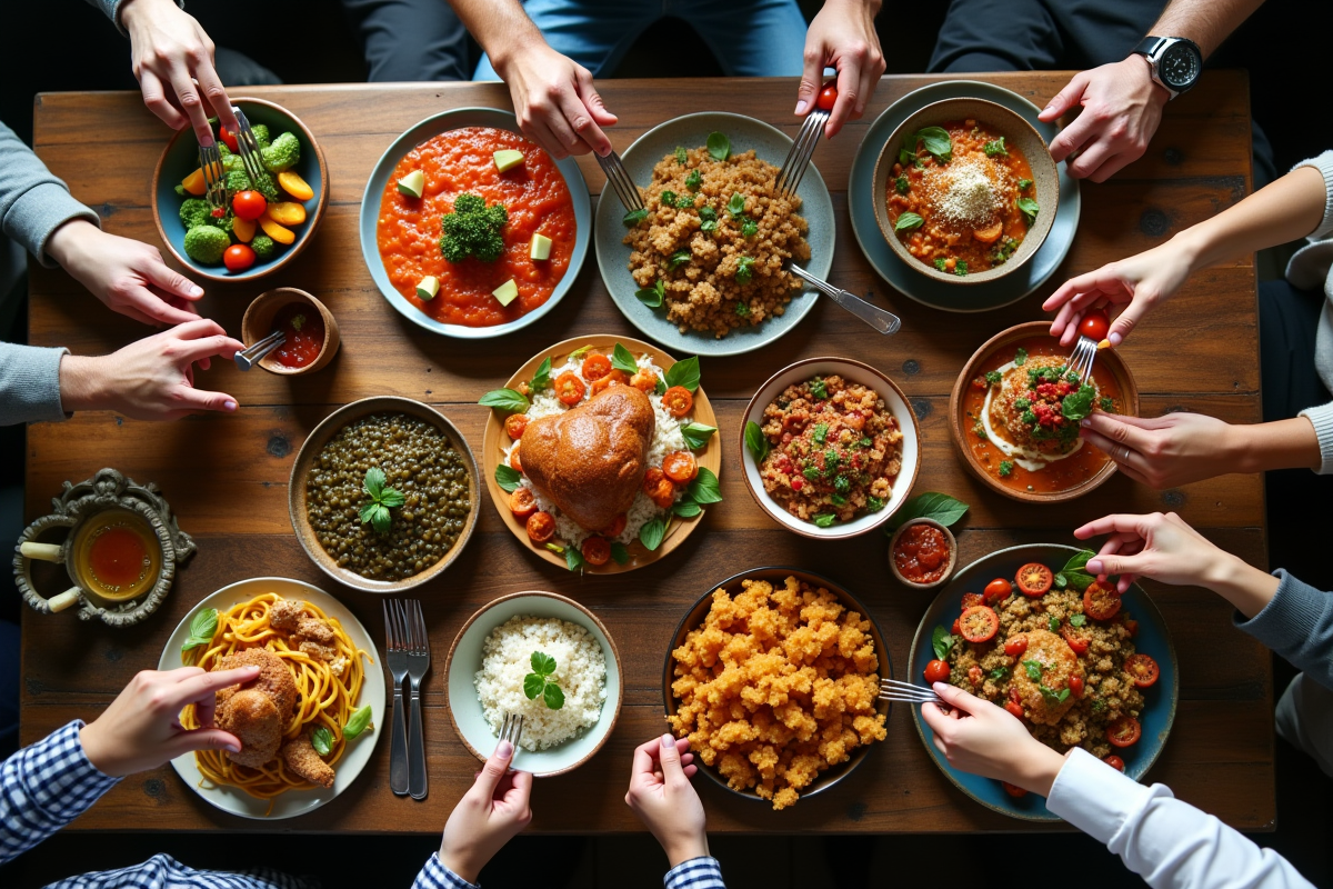 Vue aérienne de plats internationaux partagés entre différentes ethnies