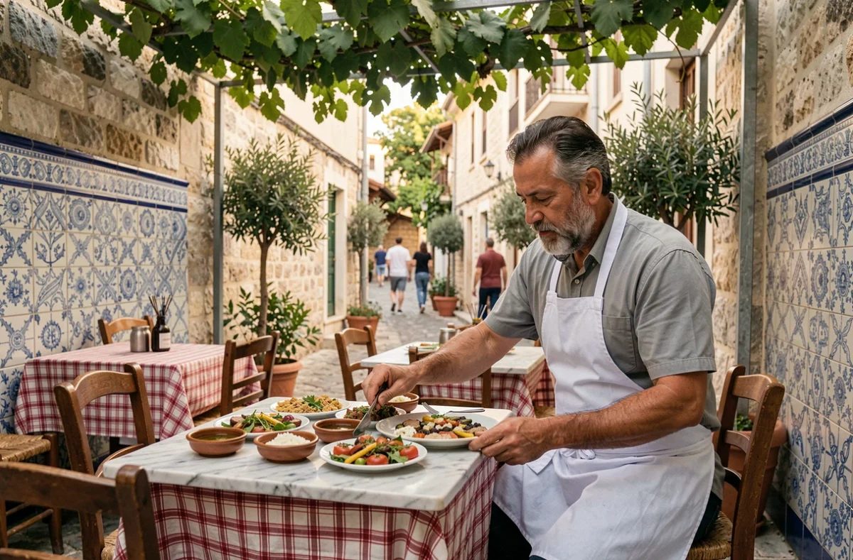 Terrasse de taverne traditionnelle dans le quartier Plaka d'Athènes avec mezze et pergola végétalisée