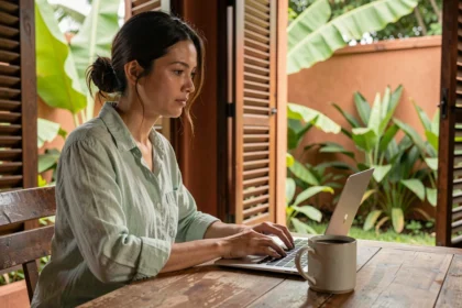 Femme en télétravail depuis une villa à Bali, assise devant un ordinateur portable dans un espace ouvert sur un jardin tropical
