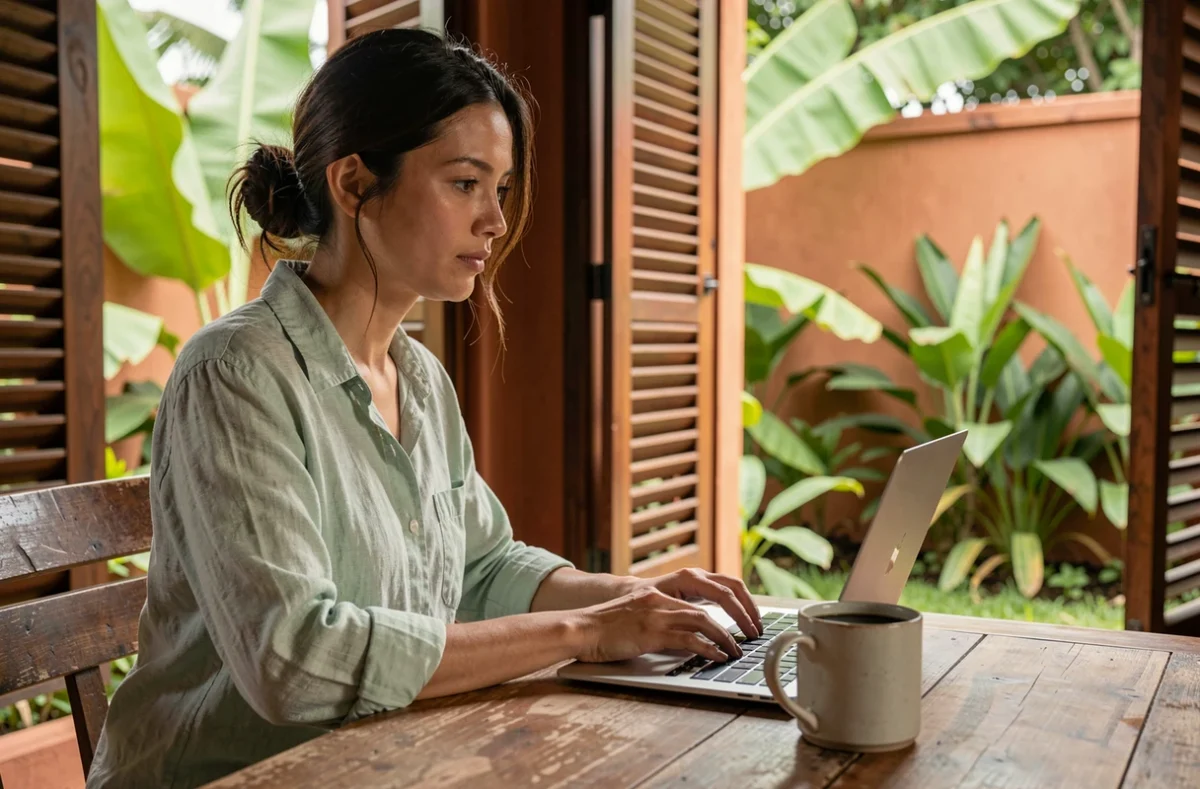 Femme en télétravail depuis une villa à Bali, assise devant un ordinateur portable dans un espace ouvert sur un jardin tropical
