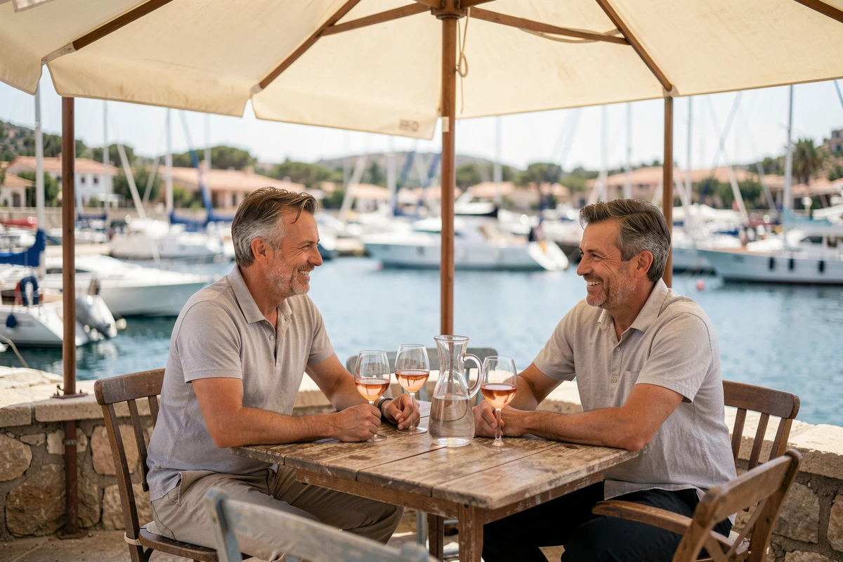 Couple savourant un verre en terrasse ombragée au port de Cassis pendant la canicule