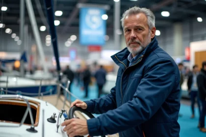 Visiteur testant la barre d'un voilier exposé au Salon du Nautisme de Paris