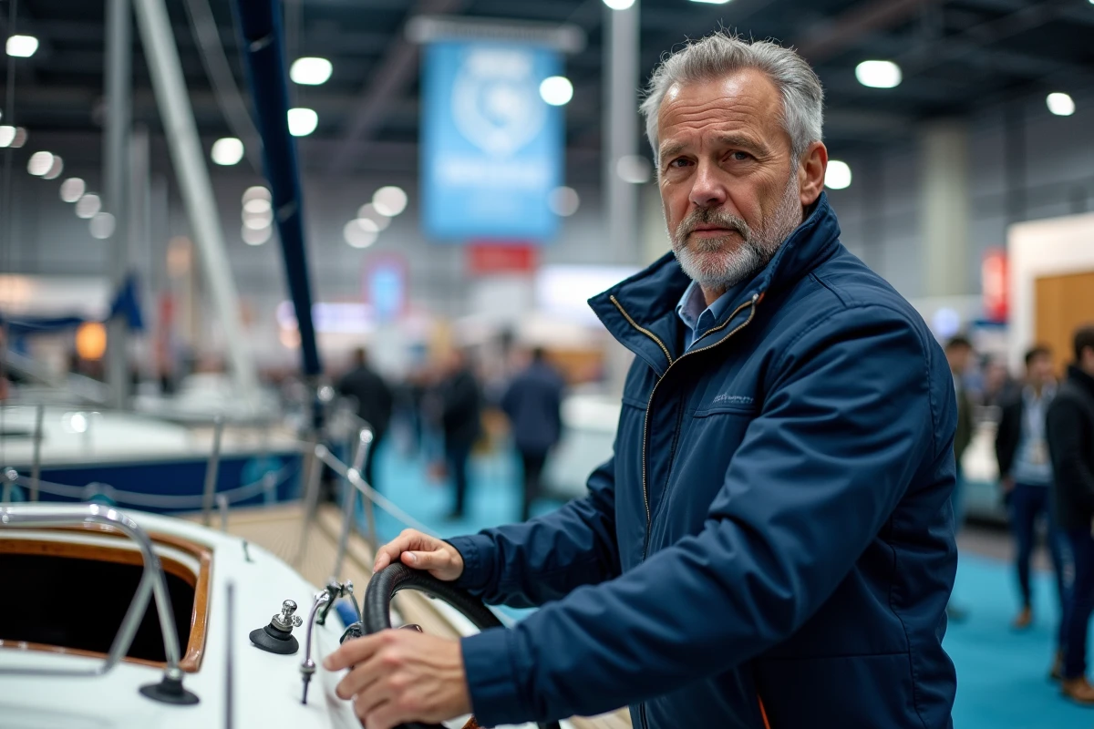 Visiteur testant la barre d'un voilier exposé au Salon du Nautisme de Paris
