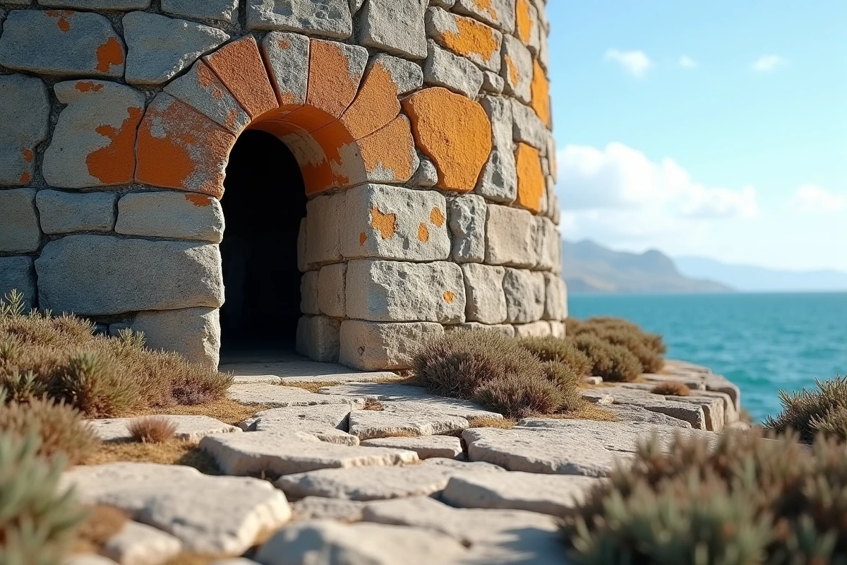 Tour génoise de Fautea en gros plan depuis les rochers granitiques avec vue sur la mer turquoise en Corse