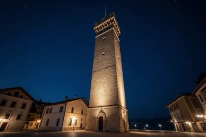 La tour de Piz la nuit vue depuis la rue, illuminée sous un ciel étoilé profond avec des pavés brillants au premier plan
