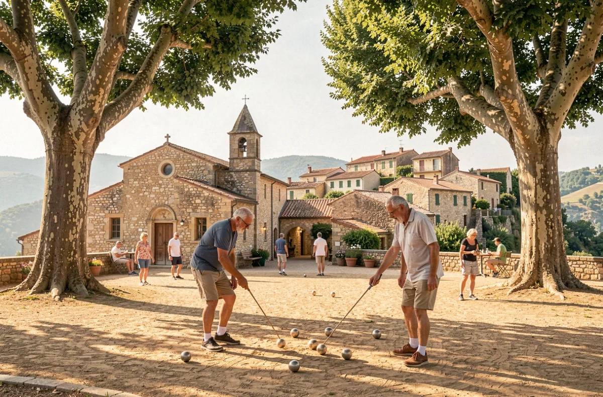 Village de Tourtour dans le Var avec sa place aux ormeaux centenaires et une partie de pétanque entre villageois
