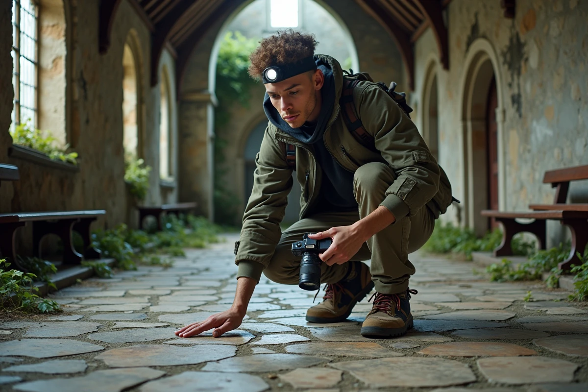 Explorateur urbain responsable photographiant le sol d'une chapelle abandonnée en France