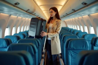 Femme plaçant une valise cabine dans le compartiment supérieur d'un avion, illustration des formats autorisés en cabine