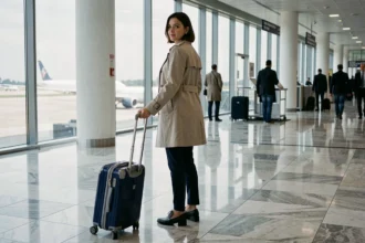 Femme tirant une valise cabine rigide dans un terminal d'aéroport moderne lors d'un contrôle bagage Air France