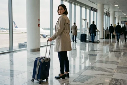 Femme tirant une valise cabine rigide dans un terminal d'aéroport moderne lors d'un contrôle bagage Air France