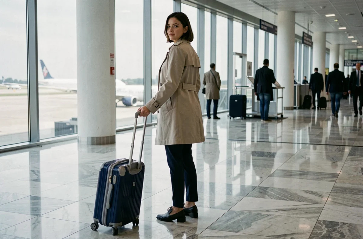 Femme tirant une valise cabine rigide dans un terminal d'aéroport moderne lors d'un contrôle bagage Air France