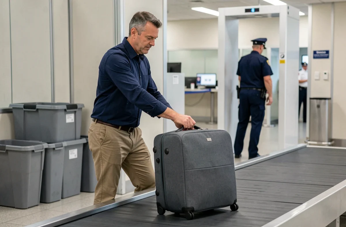 Homme déposant une valise souple sur le tapis de contrôle de sécurité dans un aéroport