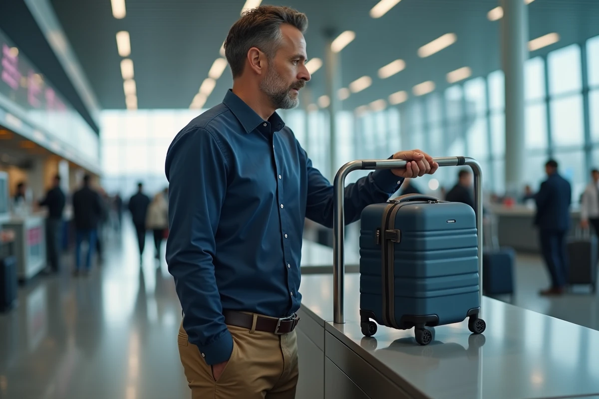 Homme vérifiant les dimensions de sa valise cabine dans un gabarit de contrôle à l'aéroport