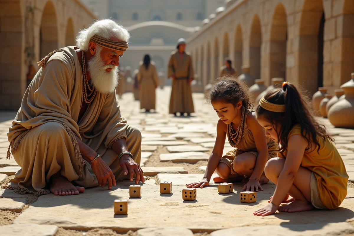 Vieux homme mésopotamien enseignant aux enfants dans une cour en pierre